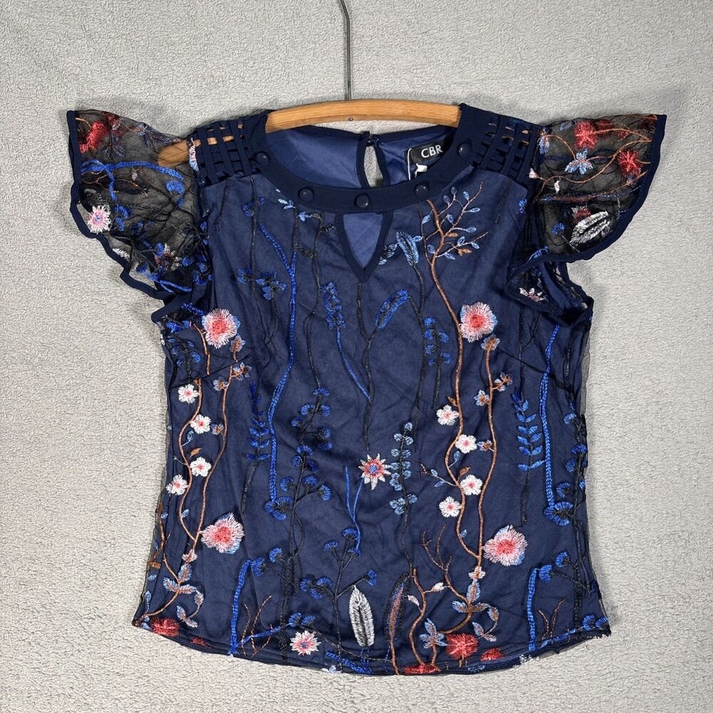 NWT CBR Top Womens Size M Navy Blue‎ Layered Mesh Embroidered Ditsy Forest Fairy
